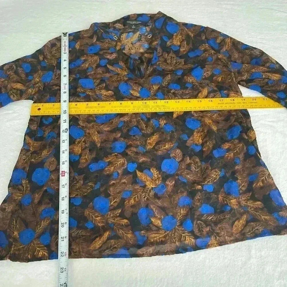 Vintage Sheer Blouse Size S Tunic Brown Blue Embroidered Bishop Sleeve Whimsy - Picture 10 of 10